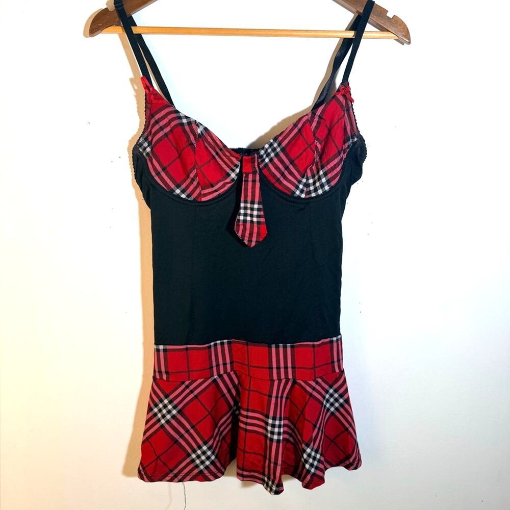 Schoolgirl Plaid Black Lace Trim Top